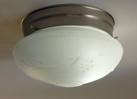 Flush Mount Ceiling Light Vintage Glass New Fixture. These flush-mount lights became very popular in the 1950s post-war American housing boom. They are great for height—and space-sensitive areas like entryways, hallways, pantries, nooks, or over kitchen sinks. The light features a vintage etched glass shade and a new satin nickel pan shade holder. The light fixture has been cleaned and detailed, and mounting hardware is included for easy installation. Available at www.vintporium.com