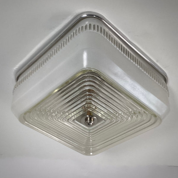 Vintage Flush Mount Square Ceiling Light Fixture.  The vintage light fixture has numerous new parts added to restore the piece. The fixture has been cleaned and detailed for your convenience. Available at www.vintporium.com