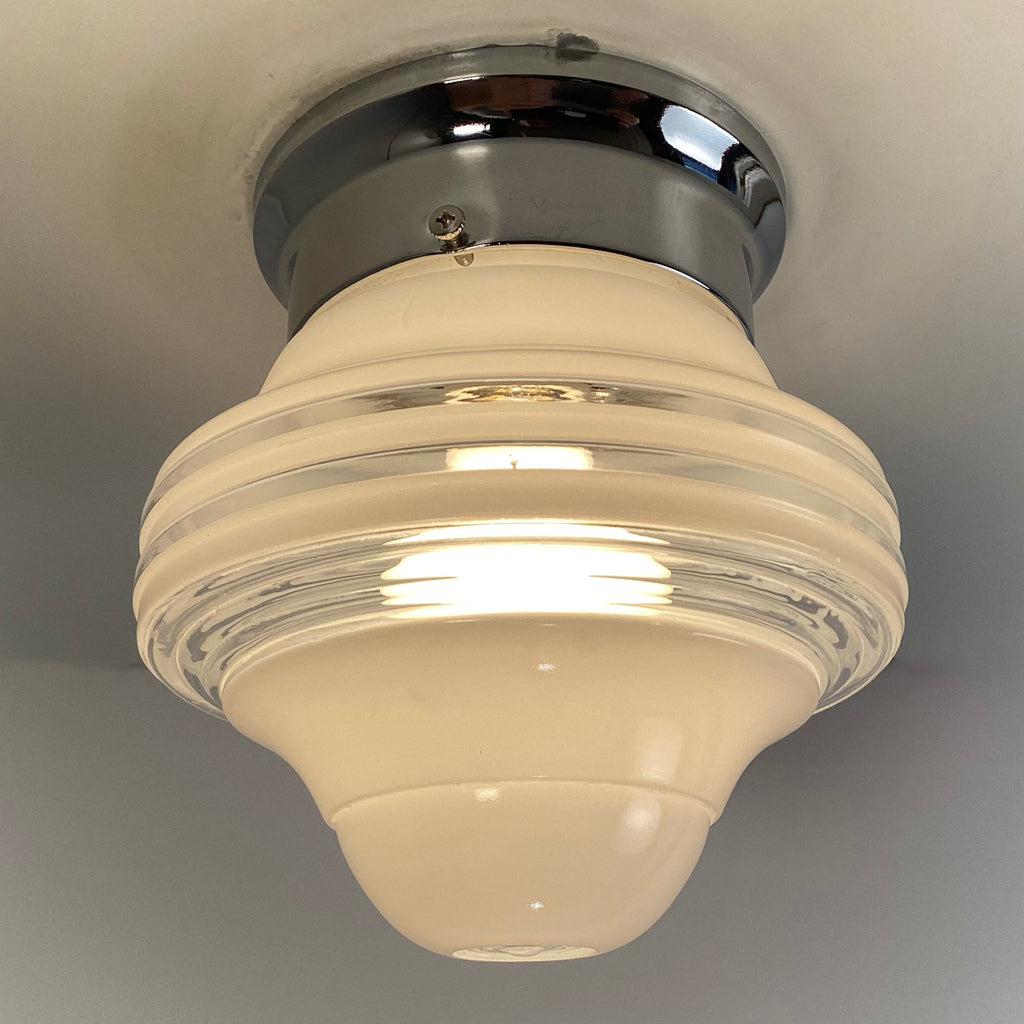 Flush Mount Ceiling Light Vintage Shade New Fixture Base. Vintage flush mount ceiling light featuring a vintage enameled glass shade and a new fixture base shade holder. The fixture has been cleaned and detailed and comes ready to install for your convenience. Available at www.vintporium.com