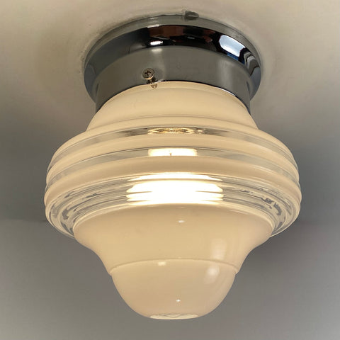 Flush Mount Ceiling Light Vintage Shade New Fixture Base. Vintage flush mount ceiling light featuring a vintage enameled glass shade and a new fixture base shade holder. The fixture has been cleaned and detailed and comes ready to install for your convenience. Available at www.vintporium.com