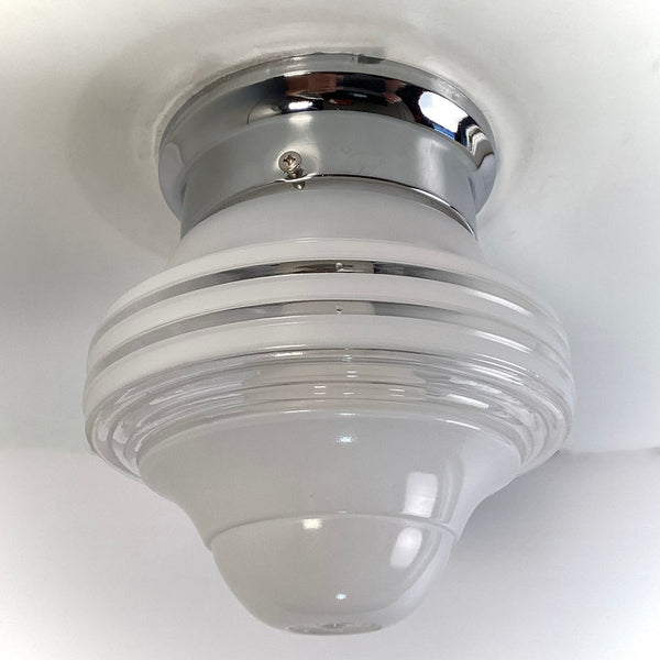 Flush Mount Ceiling Light Vintage Shade New Fixture Base. Vintage flush mount ceiling light featuring a vintage enameled glass shade and a new fixture base shade holder. The fixture has been cleaned and detailed and comes ready to install for your convenience. Available at www.vintporium.com