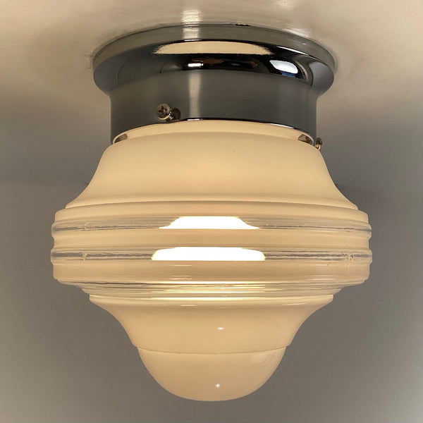 Flush Mount Ceiling Light Vintage Shade New Fixture Base. Vintage flush mount ceiling light featuring a vintage enameled glass shade and a new fixture base shade holder. The fixture has been cleaned and detailed and comes ready to install for your convenience. Available at www.vintporium.com