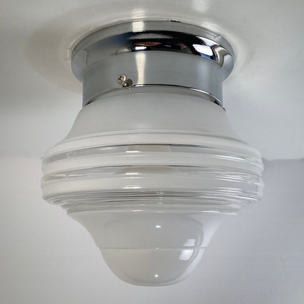 Flush Mount Ceiling Light Vintage Shade New Fixture Base. Vintage flush mount ceiling light featuring a vintage enameled glass shade and a new fixture base shade holder. The fixture has been cleaned and detailed and comes ready to install for your convenience. Available at www.vintporium.com