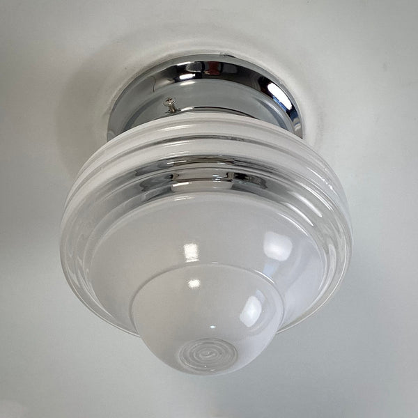 Flush Mount Ceiling Light Vintage Shade New Fixture Base. Vintage flush mount ceiling light featuring a vintage enameled glass shade and a new fixture base shade holder. The fixture has been cleaned and detailed and comes ready to install for your convenience. Available at www.vintporium.com