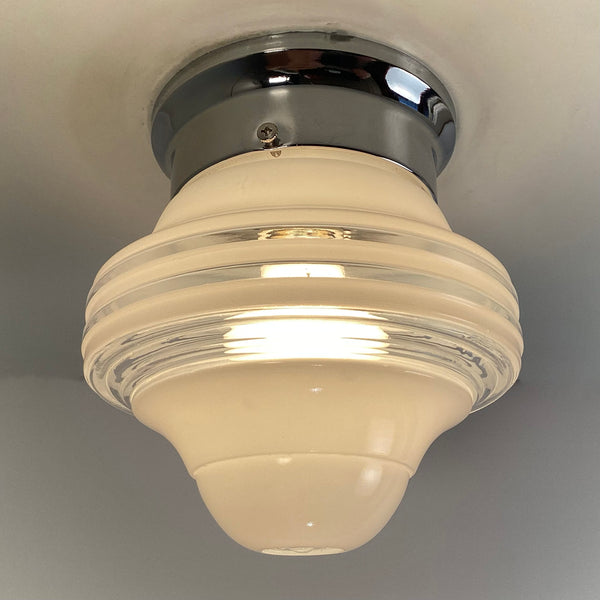 Flush Mount Ceiling Light Vintage Shade New Fixture Base. Vintage flush mount ceiling light featuring a vintage enameled glass shade and a new fixture base shade holder. The fixture has been cleaned and detailed and comes ready to install for your convenience. Available at www.vintporium.com