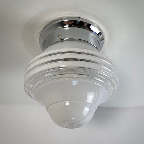 Flush Mount Ceiling Light Vintage Shade New Fixture Base. Vintage flush mount ceiling light featuring a vintage enameled glass shade and a new fixture base shade holder. The fixture has been cleaned and detailed and comes ready to install for your convenience. Available at www.vintporium.com