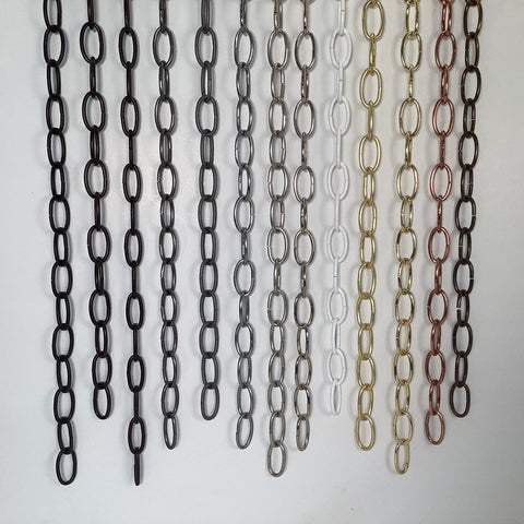 8 Gauge Oval Lamp Chain is available in your choice of finishes, Black Painted, Oil-Rubbed Bronze, Antique Bronze, Pewter, Ready-to-Paint, Chrome, Satin Nickel, Polished Nickel, Distressed White, Satin Brass, Polished Brass, Copper, and Antique Brass. Available at www.vintporium.com