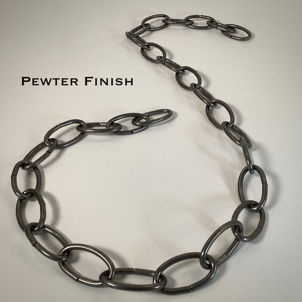 8 Gauge Oval Lamp Chain is available in your choice of finishes, Black Painted, Oil-Rubbed Bronze, Antique Bronze, Pewter, Ready-to-Paint, Chrome, Satin Nickel, Polished Nickel, Distressed White, Satin Brass, Polished Brass, Copper, and Antique Brass. Available at www.vintporium.com