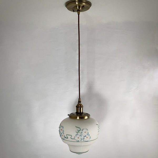 Pendant Ceiling Light, Vintage Shade, New Pendant Fixture. Light fixtures with embossed hand-painted pastel floral patterns were trendy in the 1920s and 1930s home decor. These patterns typically featured soft, muted colors such as pale pink, blue, and greens and were often inspired by the Art Deco movement. Available at www.vintporium.com