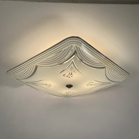 Mid-Century Ceiling Light Fixture. Vintage Shade. Custom Fixture. The fixture features a custom-built assembly in a satin nickel finish. The light has been cleaned and detailed and includes hardware for a convenient installation process. Available at www.vintporium.com