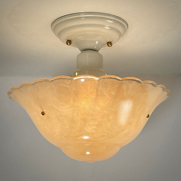 Semi-Flush Beaded Chain Ceiling Light Vintage Glass New Fixture. The light features a custom-made powder-coated fixture. The fixture has been cleaned and detailed. It includes mounting hardware for convenient installation. Available at www.vintporium.com