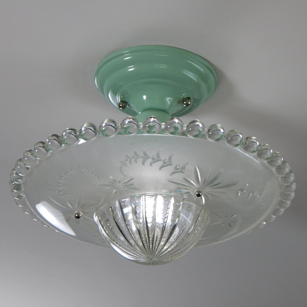 Semi-Flush Beaded Chain Ceiling Light Vintage Glass New Fixture. The light features a custom-made powder-coated fixture. The fixture has been cleaned and detailed. It includes mounting hardware for convenient installation. Available at www.vintporium.com 