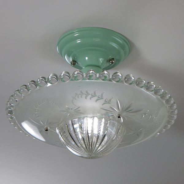 Semi-Flush Beaded Chain Ceiling Light Vintage Glass New Fixture. The light features a custom-made powder-coated fixture. The fixture has been cleaned and detailed. It includes mounting hardware for convenient installation. Available at www.vintporium.com 