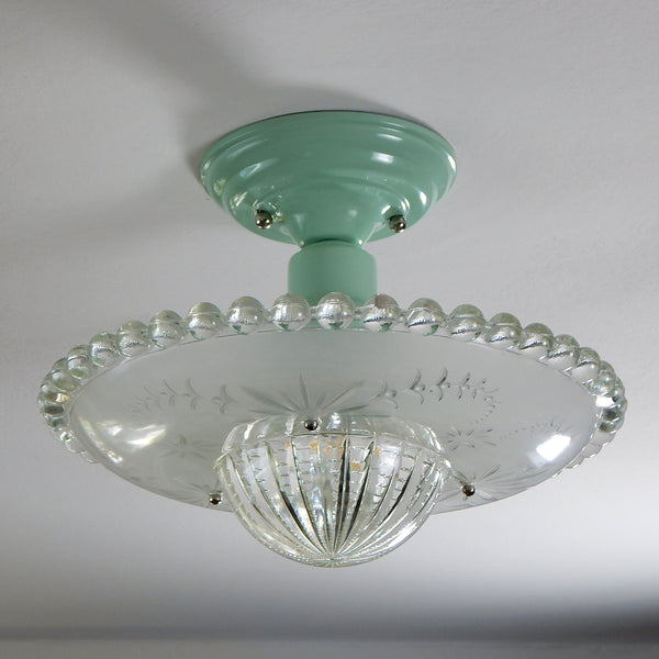Semi-Flush Beaded Chain Ceiling Light Vintage Glass New Fixture. The light features a custom-made powder-coated fixture. The fixture has been cleaned and detailed. It includes mounting hardware for convenient installation. Available at www.vintporium.com 