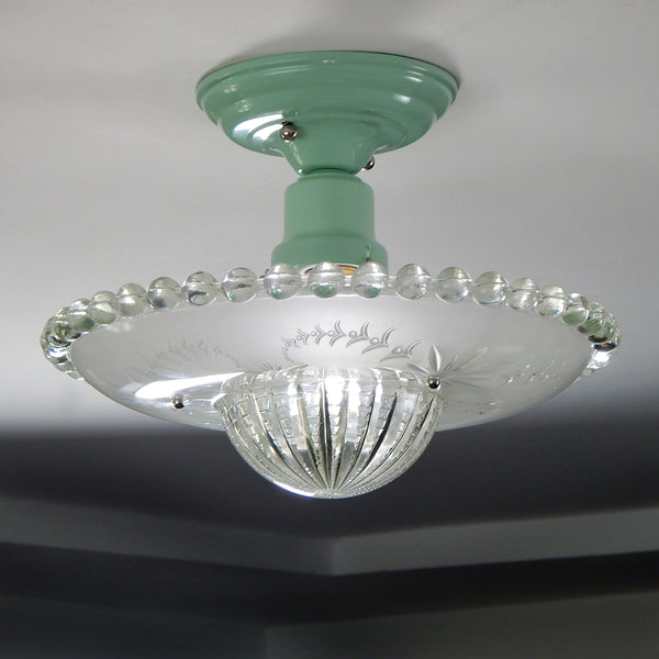 Semi-Flush Beaded Chain Ceiling Light Vintage Glass New Fixture. The light features a custom-made powder-coated fixture. The fixture has been cleaned and detailed. It includes mounting hardware for convenient installation. Available at www.vintporium.com 