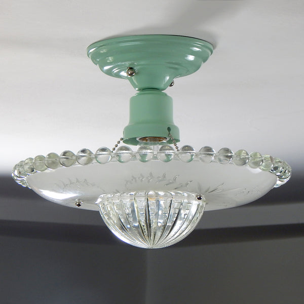 Semi-Flush Beaded Chain Ceiling Light Vintage Glass New Fixture. The light features a custom-made powder-coated fixture. The fixture has been cleaned and detailed. It includes mounting hardware for convenient installation. Available at www.vintporium.com 