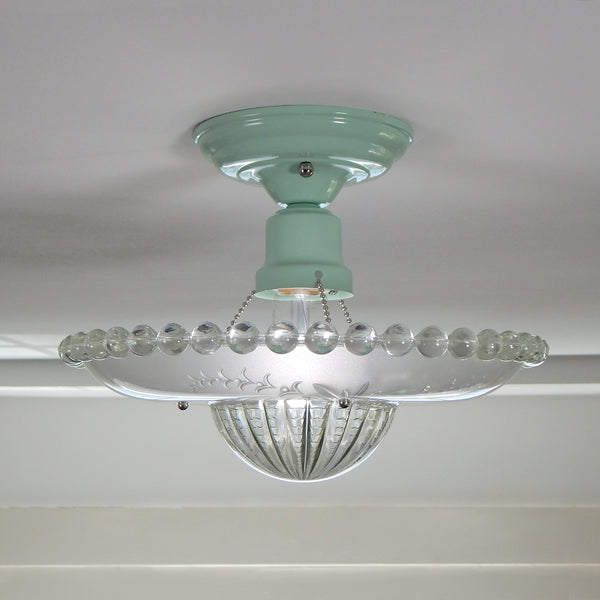 Semi-Flush Beaded Chain Ceiling Light Vintage Glass New Fixture. The light features a custom-made powder-coated fixture. The fixture has been cleaned and detailed. It includes mounting hardware for convenient installation. Available at www.vintporium.com 