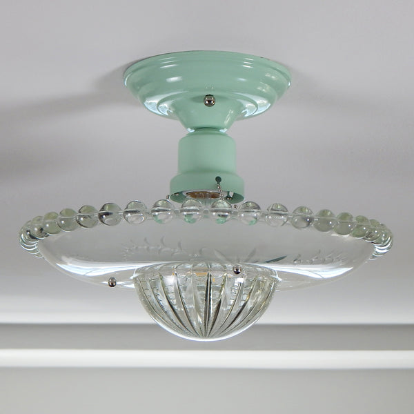 Semi-Flush Beaded Chain Ceiling Light Vintage Glass New Fixture. The light features a custom-made powder-coated fixture. The fixture has been cleaned and detailed. It includes mounting hardware for convenient installation. Available at www.vintporium.com 