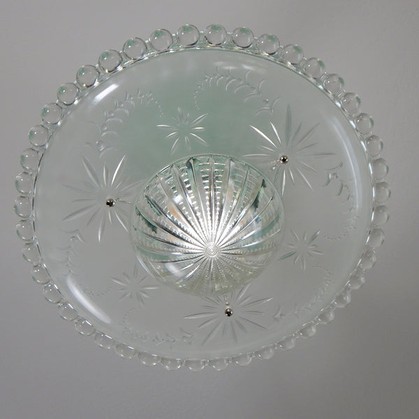 Semi-Flush Beaded Chain Ceiling Light Vintage Glass New Fixture. The light features a custom-made powder-coated fixture. The fixture has been cleaned and detailed. It includes mounting hardware for convenient installation. Available at www.vintporium.com 