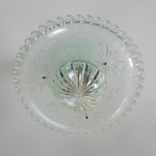 Semi-Flush Beaded Chain Ceiling Light Vintage Glass New Fixture. The light features a custom-made powder-coated fixture. The fixture has been cleaned and detailed. It includes mounting hardware for convenient installation. Available at www.vintporium.com 
