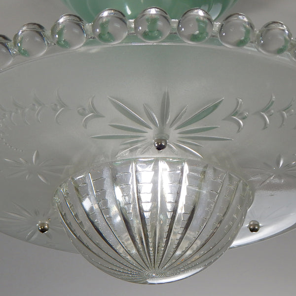 Semi-Flush Beaded Chain Ceiling Light Vintage Glass New Fixture. The light features a custom-made powder-coated fixture. The fixture has been cleaned and detailed. It includes mounting hardware for convenient installation. Available at www.vintporium.com 