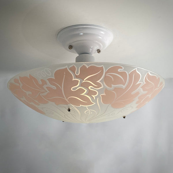 Post-War Era Chain Ceiling Light Vintage Glass New Custom Fixture. The fixture features a custom-made powder-coated fixture. The shade has a silk-screened enamel finish with a repetitive floral pattern. The light fixture has been cleaned and detailed. It includes mounting hardware for convenient installation. Available at www.vintporium.com