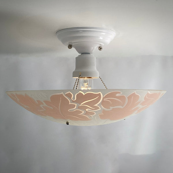 Post-War Era Chain Ceiling Light Vintage Glass New Custom Fixture. The fixture features a custom-made powder-coated fixture. The shade has a silk-screened enamel finish with a repetitive floral pattern. The light fixture has been cleaned and detailed. It includes mounting hardware for convenient installation. Available at www.vintporium.com