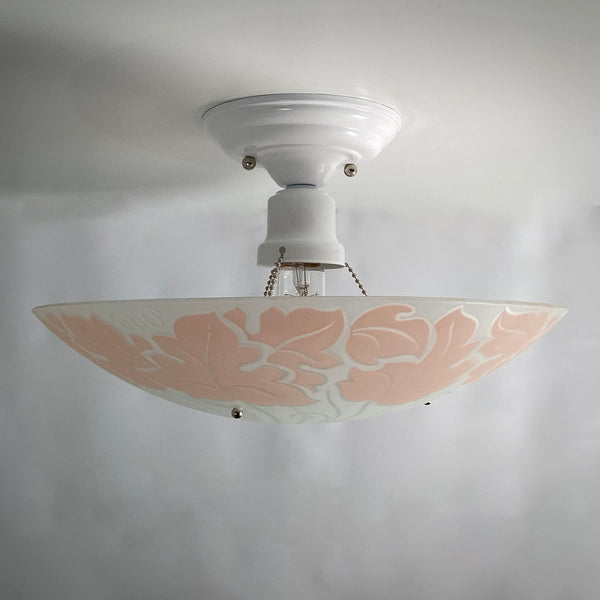 Post-War Era Chain Ceiling Light Vintage Glass New Custom Fixture. The fixture features a custom-made powder-coated fixture. The shade has a silk-screened enamel finish with a repetitive floral pattern. The light fixture has been cleaned and detailed. It includes mounting hardware for convenient installation. Available at www.vintporium.com