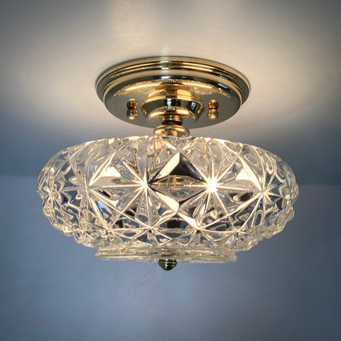 Semi-Flush Ceiling Light Vintage Crystal Shade New Custom Fixture. It features a vintage crystal shade paired with a custom brass fixture. The light fixture has been cleaned and detailed, and the light comes complete with mounting hardware for easy installation. Available at www.vintporium.com