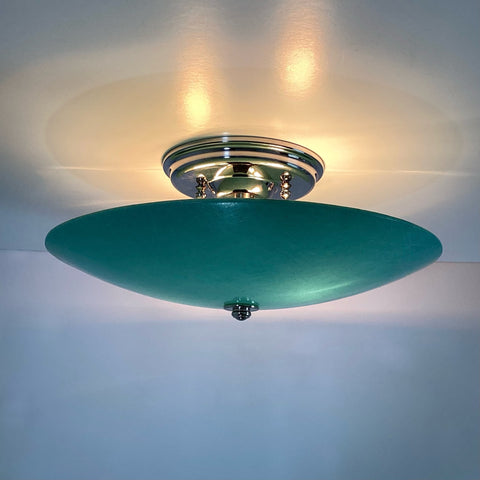 Semi-Flush Ceiling Light, Vintage Fiberglass Shade New Fixture. This mid-century semi-flush ceiling light features a vintage bright aqua fiberglass shade and a new polished nickel custom-made fixture. The glass has been cleaned and detailed and is ready to install. Available at www.vintporium.com