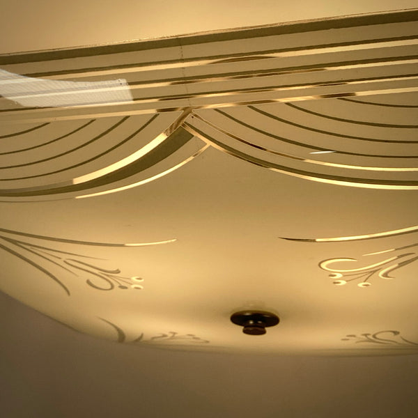 Mid-Century Ceiling Light Fixture. Vintage Shade. Custom Fixture. The fixture features a custom-built assembly in a satin nickel finish. The light has been cleaned and detailed and includes hardware for a convenient installation process. Available at www.vintporium.com