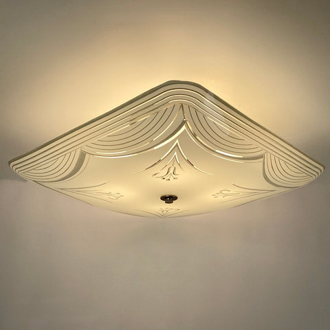 Mid-Century Ceiling Light Fixture. Vintage Shade. Custom Fixture. The fixture features a custom-built assembly in a satin nickel finish. The light has been cleaned and detailed and includes hardware for a convenient installation process. Available at www.vintporium.com