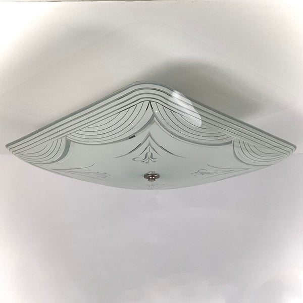 Mid-Century Ceiling Light Fixture. Vintage Shade. Custom Fixture. The fixture features a custom-built assembly in a satin nickel finish. The light has been cleaned and detailed and includes hardware for a convenient installation process. Available at www.vintporium.com