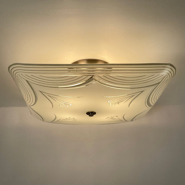Mid-Century Ceiling Light Fixture. Vintage Shade. Custom Fixture. The fixture features a custom-built assembly in a satin nickel finish. The light has been cleaned and detailed and includes hardware for a convenient installation process. Available at www.vintporium.com