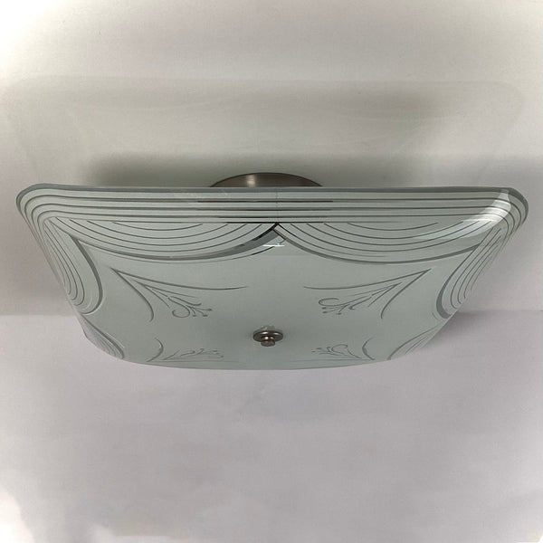 Mid-Century Ceiling Light Fixture. Vintage Shade. Custom Fixture. The fixture features a custom-built assembly in a satin nickel finish. The light has been cleaned and detailed and includes hardware for a convenient installation process. Available at www.vintporium.com