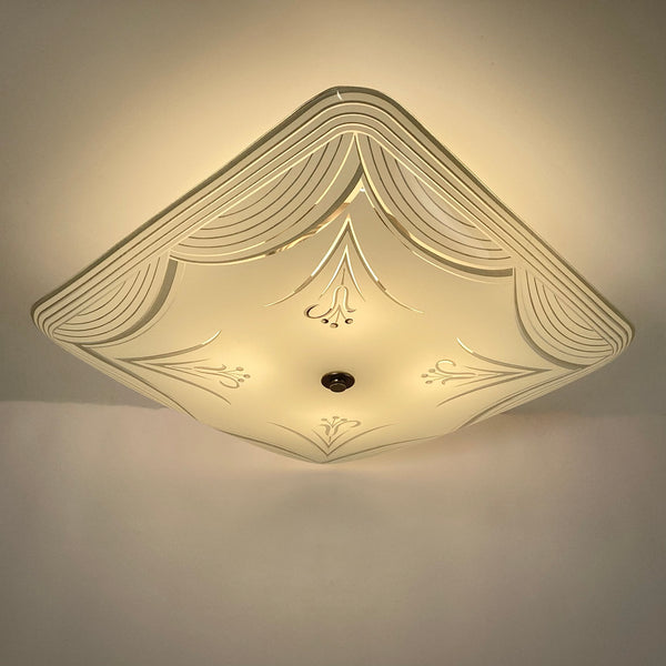 Mid-Century Ceiling Light Fixture. Vintage Shade. Custom Fixture. The fixture features a custom-built assembly in a satin nickel finish. The light has been cleaned and detailed and includes hardware for a convenient installation process. Available at www.vintporium.com