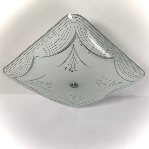 Mid-Century Ceiling Light Fixture. Vintage Shade. Custom Fixture. The fixture features a custom-built assembly in a satin nickel finish. The light has been cleaned and detailed and includes hardware for a convenient installation process. Available at www.vintporium.com