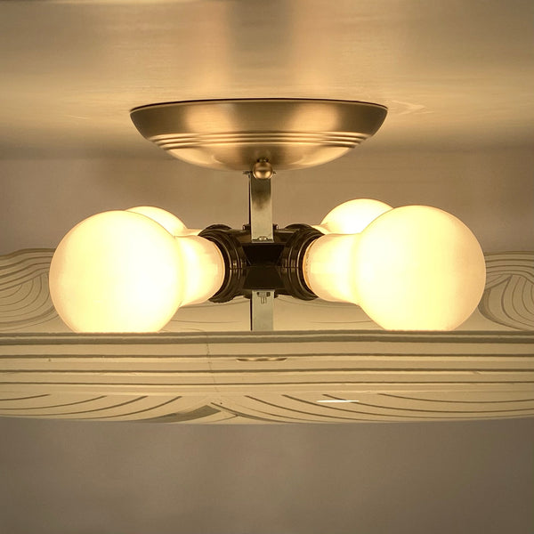 Mid-Century Ceiling Light Fixture. Vintage Shade. Custom Fixture. The fixture features a custom-built assembly in a satin nickel finish. The light has been cleaned and detailed and includes hardware for a convenient installation process. Available at www.vintporium.com