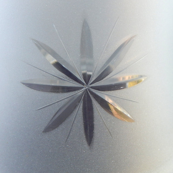 Close-up detail of cut starburst design on frosted glass light shade – Vintporium