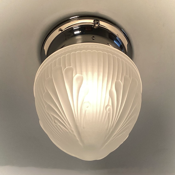 Art Deco Frosted Glass Ceiling Light with Nickel Base. Vintage-style acorn-shaped glass shade with feather-like patterns. Available at www.vintporium.com
