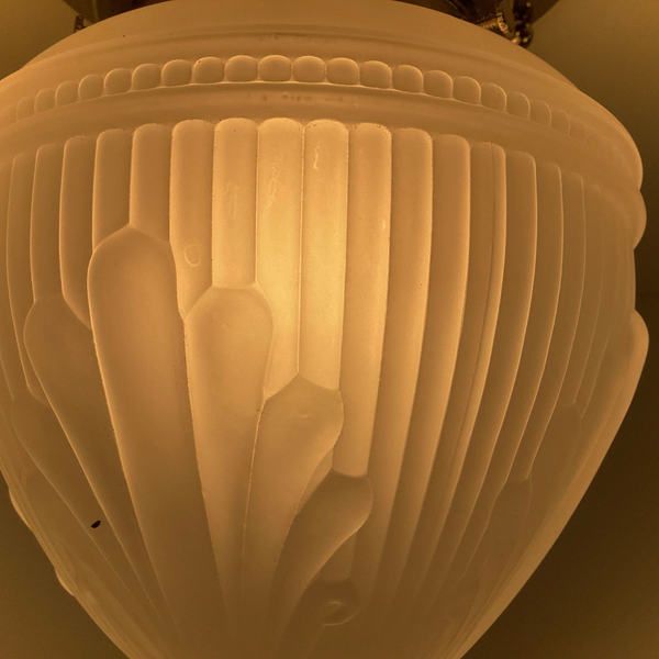 Art Deco Frosted Glass Ceiling Light with Nickel Base. Vintage-style acorn-shaped glass shade with feather-like patterns. Available at www.vintporium.com
