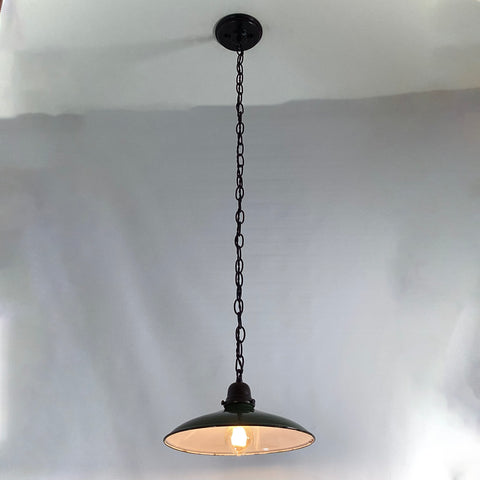 Pendant Light Vintage Enameled Shade New Custom Made Oil Rubbed Bronze Fixture. The light fixture has been cleaned and detailed. It includes mounting hardware for convenient installation. Available at www.vintporium.com.