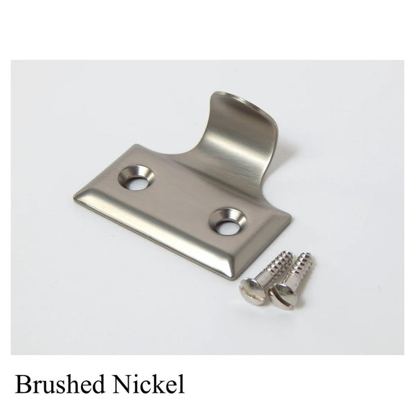 Brushed nickel sash lift handle for double-hung windows with matching brushed finish mounting screws.