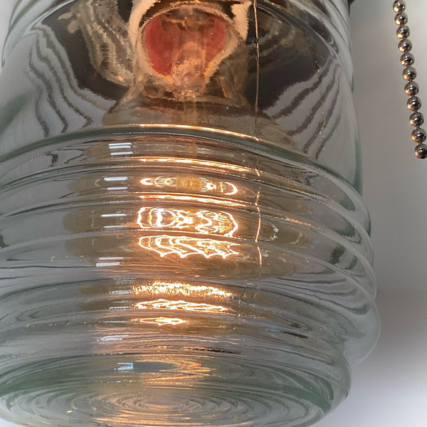 Flush Mount Ceiling Light Salvaged Jelly Jar Shade New Pull Chain Fixture. The flush mount ceiling light features a salvaged fresnel jelly jar-style glass shade and a new, UL-listed, pull-chain-equipped fixture base. Available at www.vintporium.com