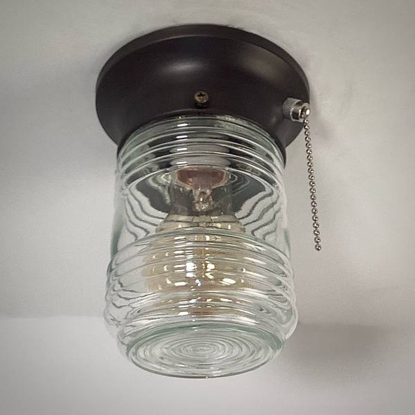 Flush Mount Ceiling Light Salvaged Jelly Jar Shade New Pull Chain Fixture. The flush mount ceiling light features a salvaged fresnel jelly jar-style glass shade and a new, UL-listed, pull-chain-equipped fixture base. Available at www.vintporium.com