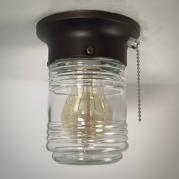 Flush Mount Ceiling Light Salvaged Jelly Jar Shade New Pull Chain Fixture. The flush mount ceiling light features a salvaged fresnel jelly jar-style glass shade and a new, UL-listed, pull-chain-equipped fixture base. Available at www.vintporium.com