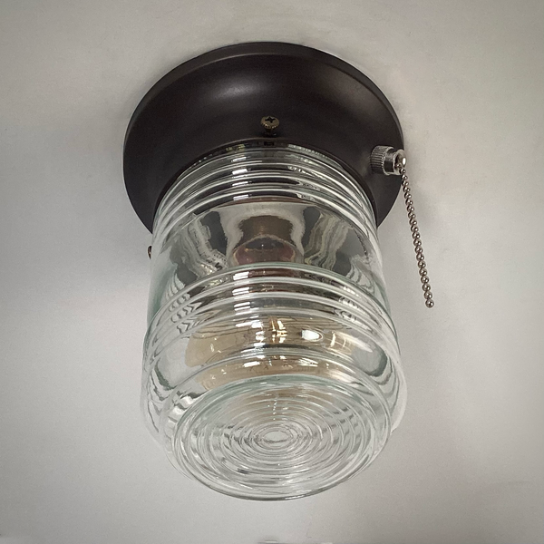 Flush Mount Ceiling Light Salvaged Jelly Jar Shade New Pull Chain Fixture. The flush mount ceiling light features a salvaged fresnel jelly jar-style glass shade and a new, UL-listed, pull-chain-equipped fixture base. Available at www.vintporium.com