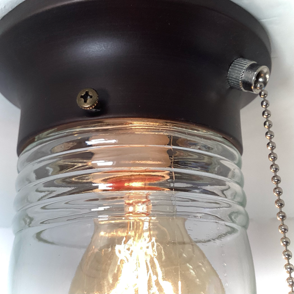 Flush Mount Ceiling Light Salvaged Jelly Jar Shade New Pull Chain Fixture. The flush mount ceiling light features a salvaged fresnel jelly jar-style glass shade and a new, UL-listed, pull-chain-equipped fixture base. Available at www.vintporium.com