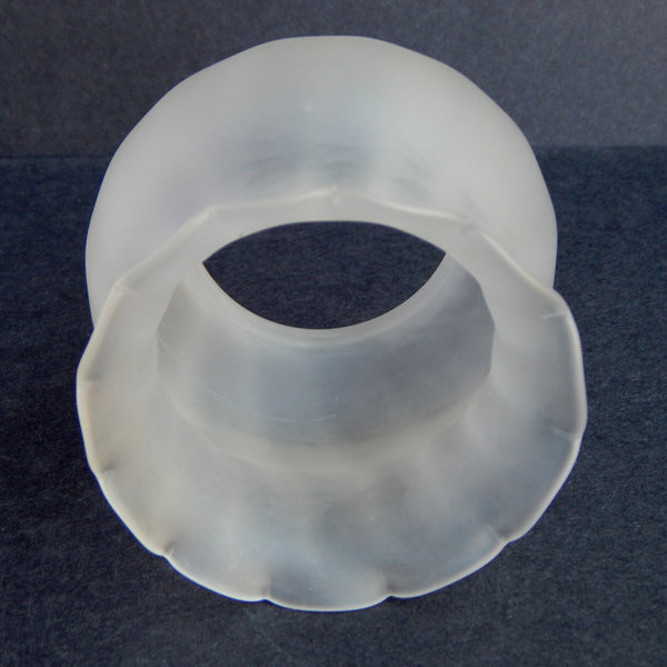 Bottom-up view of frosted glass shade showing scalloped floral-style edge – Vintporium