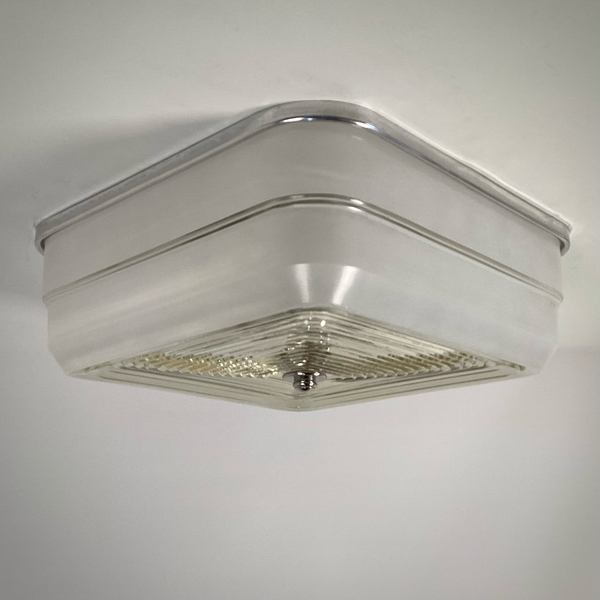 Vintage mid-century square flush mount ceiling light with aluminum fixture base and frosted glass sides, unlit view — Vintporium